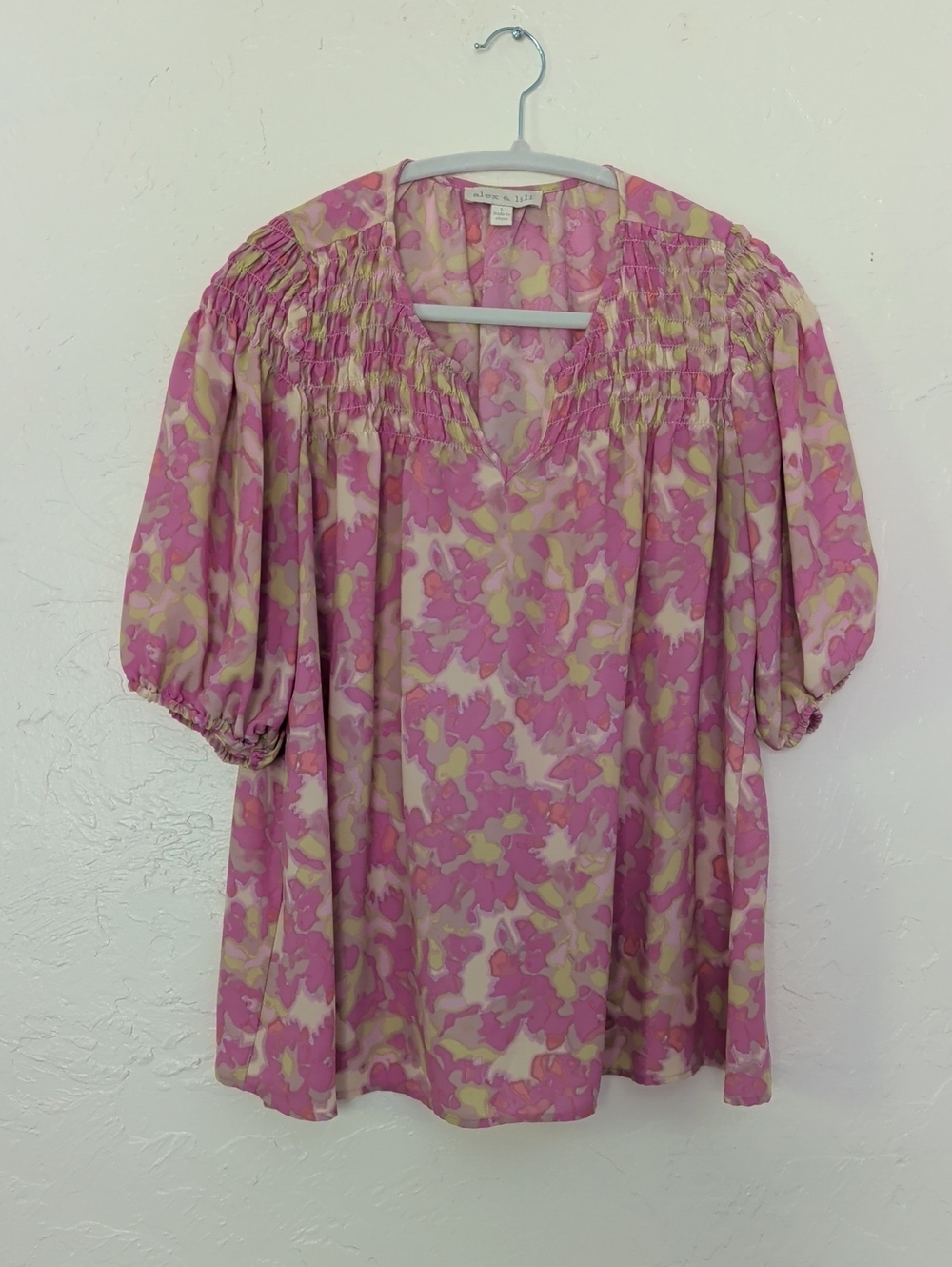 Pink & Cream Floral Smocked Puff Sleeve Blouse